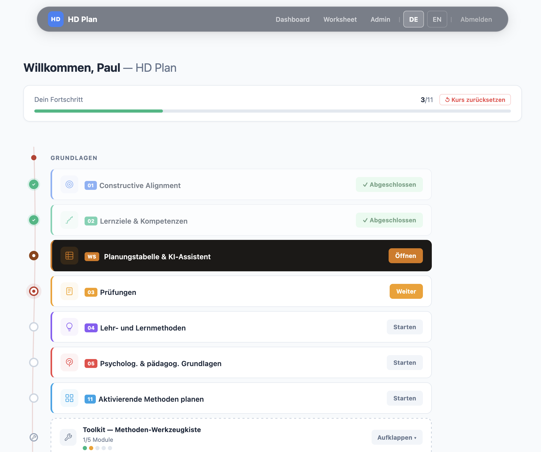 HD Plan Webapp: Kursübersicht mit Fortschrittsanzeige und Lernpfad