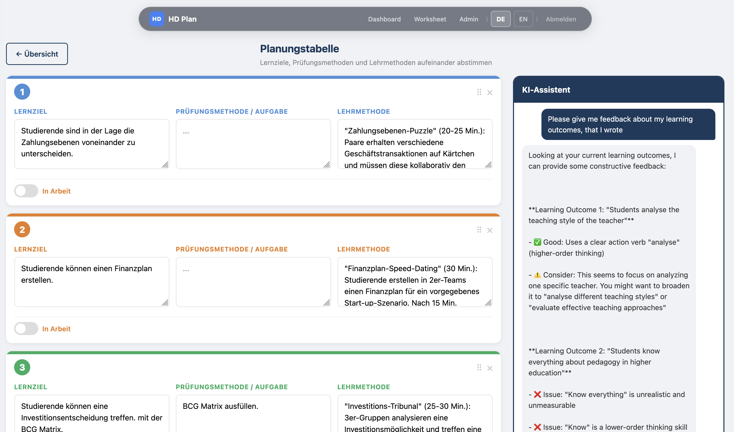 Planungstabelle mit KI-Assistent: Lernziele, Prüfungs- und Lehrmethoden